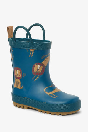 Dinossi - Boy Navy Blue Sweet Lion Rain Boots with Handles - 29 
