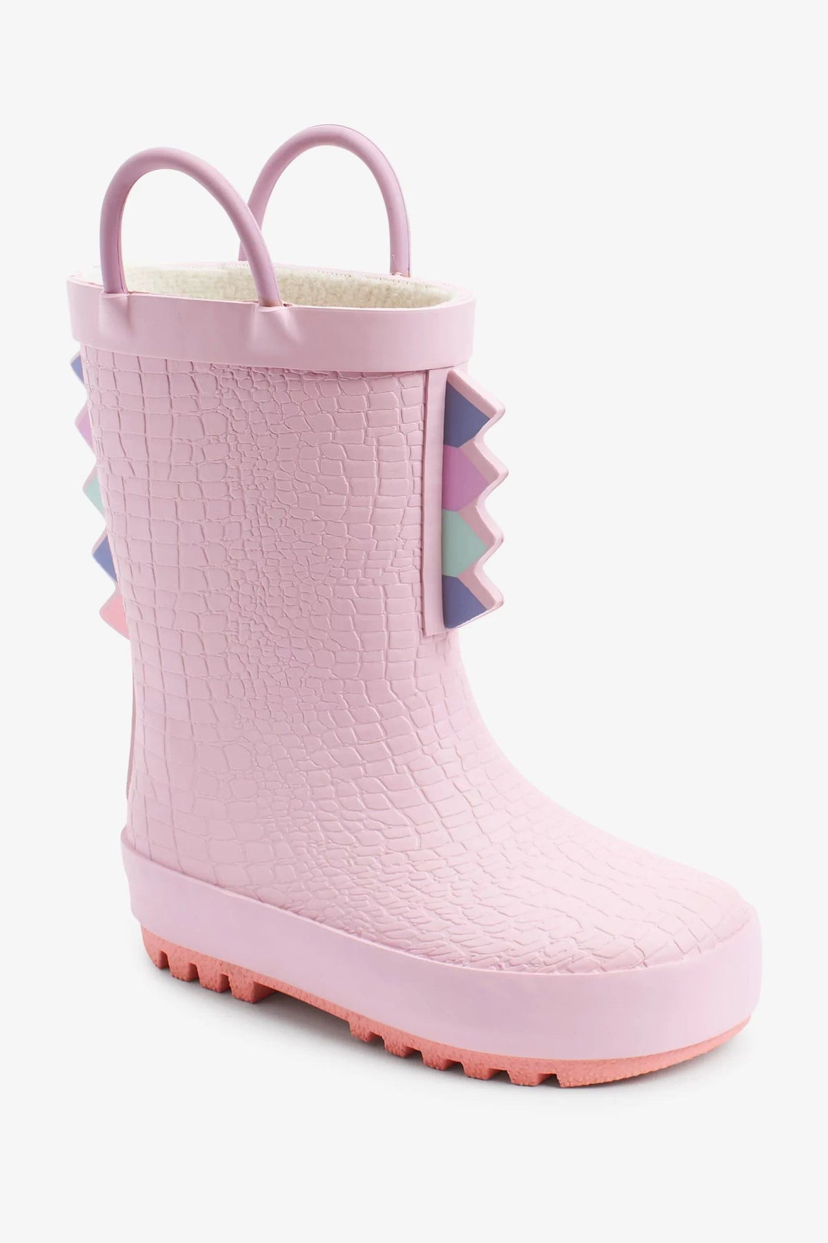 Dinossi - Pink Dinosaur Soft Sole Girl Polar Fleece Rain and Winter Boots with Handles - 30.5