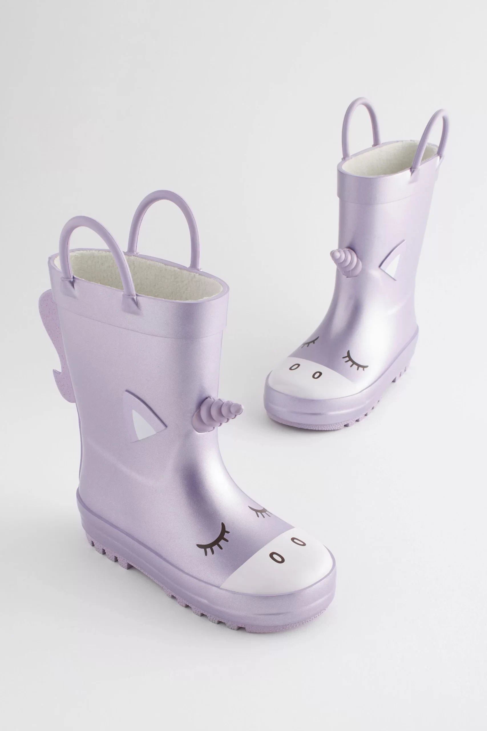 Dinossi - Lilac Purple Unicorn Soft Sole Girls Polar Fleece Rain Boots - 30.5