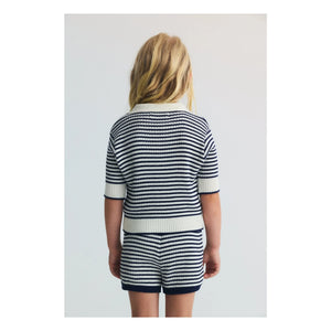 the new society - Striped Knit Polo T-Shirt | Navy Blue