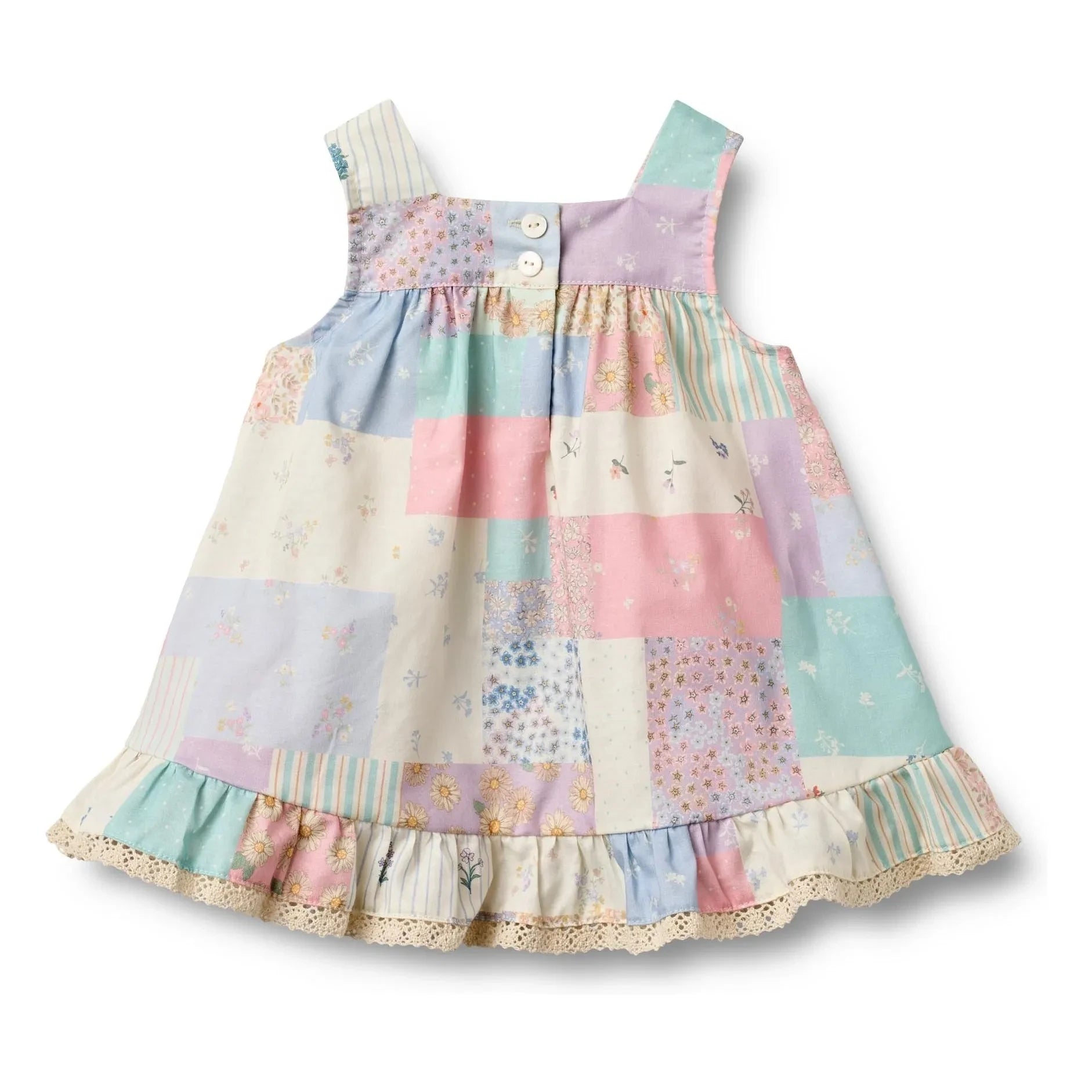 Wheat - Ayla Patchwork Organic Cotton Ruffled Dress | Pale Yellow