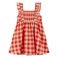 Emile et Ida - Organic Cotton Check Embroidered Dress | Red