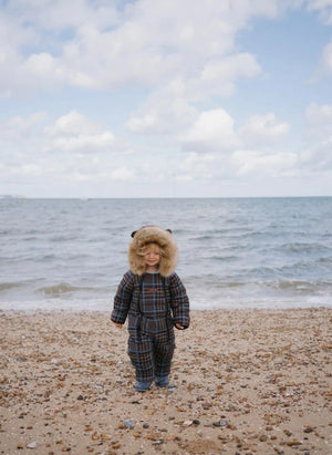 Töastie - Waterproof Faux Fur Hooded Cloud Jacket, Recycled Fiber Plaid Pattern | Blue
