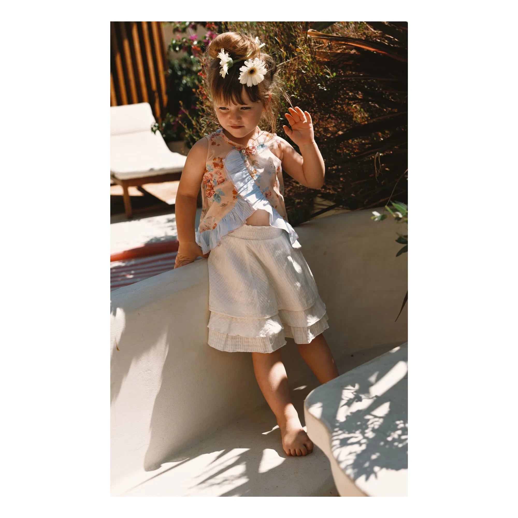 Lilinoa - Floral Pattern Ruffled Cotton Voile Top | Peach