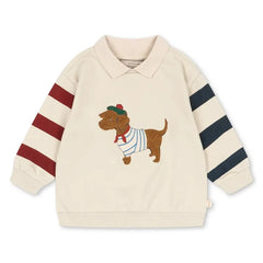 Konges Sløjd - Organik Pamuk Köpek Desenli Polo Yaka Sweatshirt | Ecru
