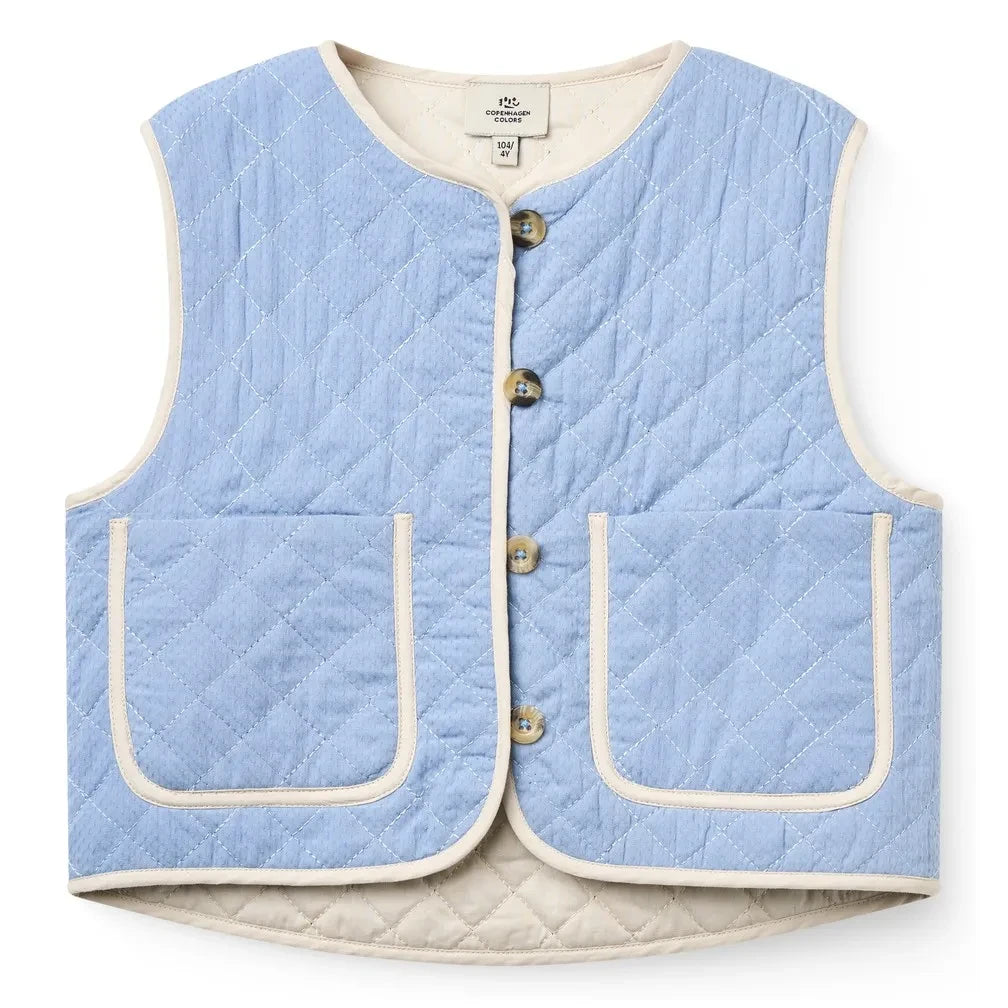 Copenhagen Colors - Moon Embroidered Organic Cotton Quilted Sleeveless Vest | Light blue