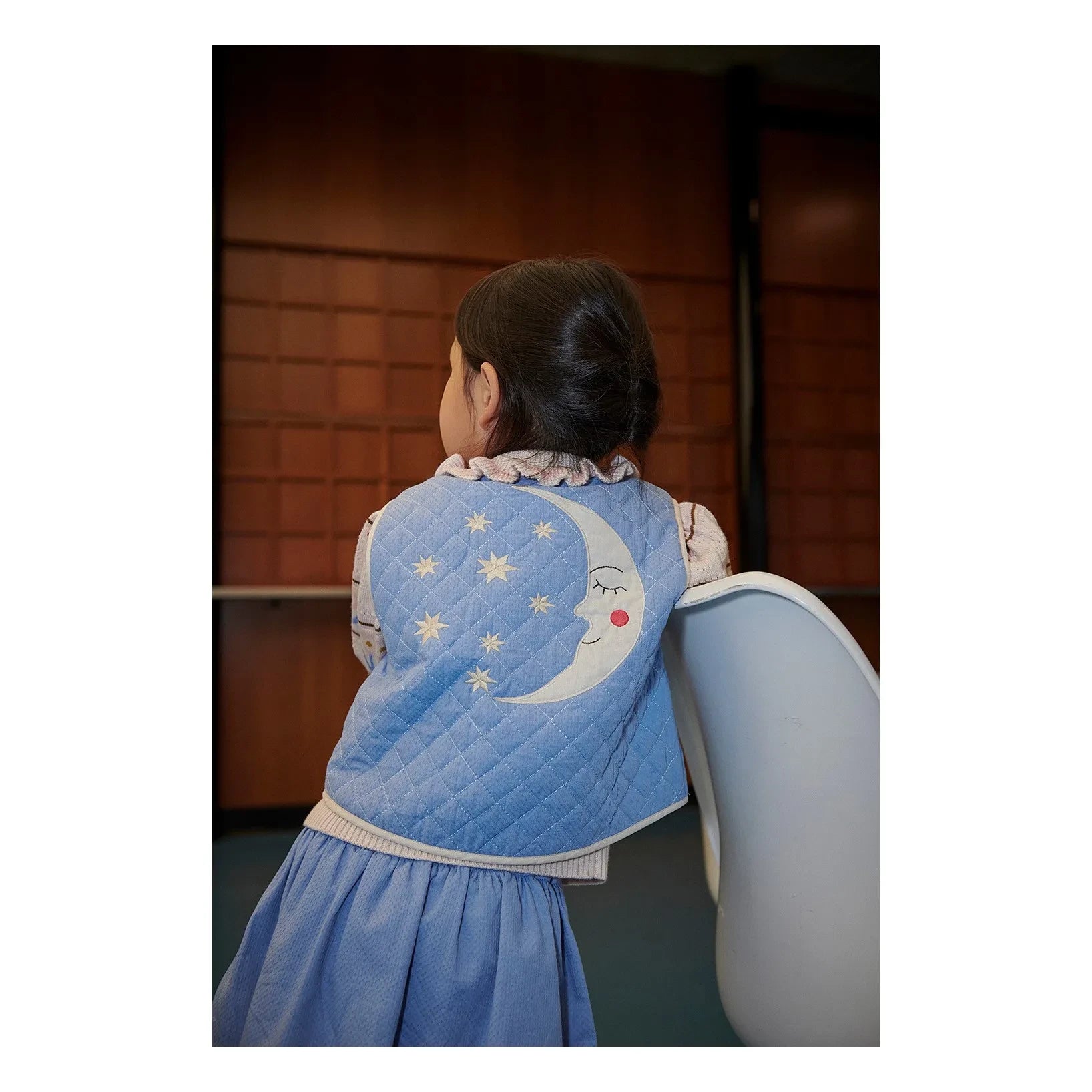Copenhagen Colors - Moon Embroidered Organic Cotton Quilted Sleeveless Vest | Light blue