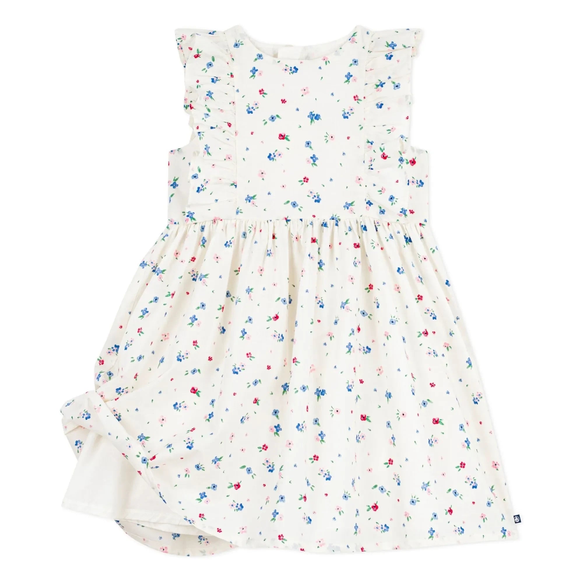 Petit Bateau - Floral Patterned Ruffled Dress Organic Cotton Poplin | White