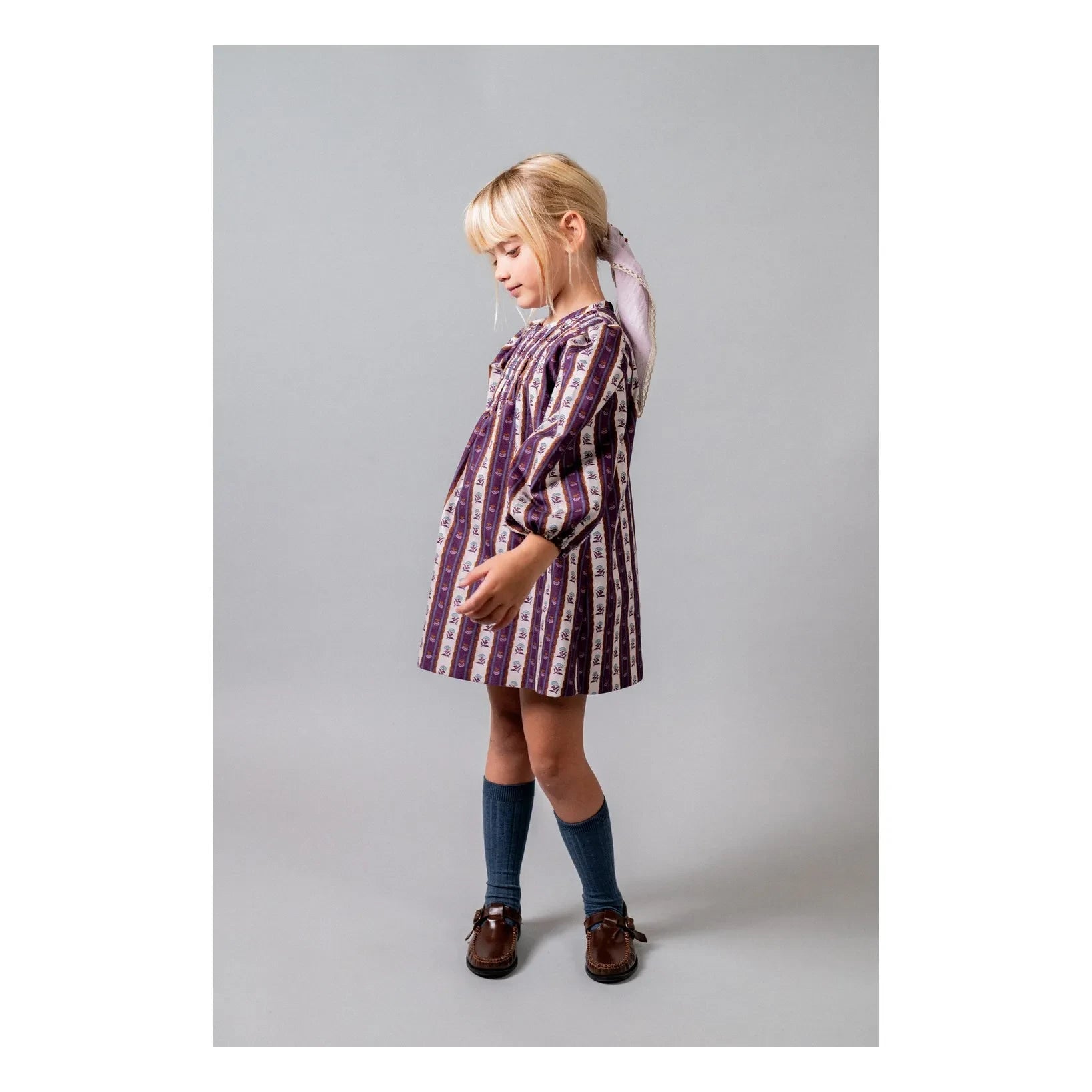birinit - Montal Fleurie Çizgili Elbise | Mor