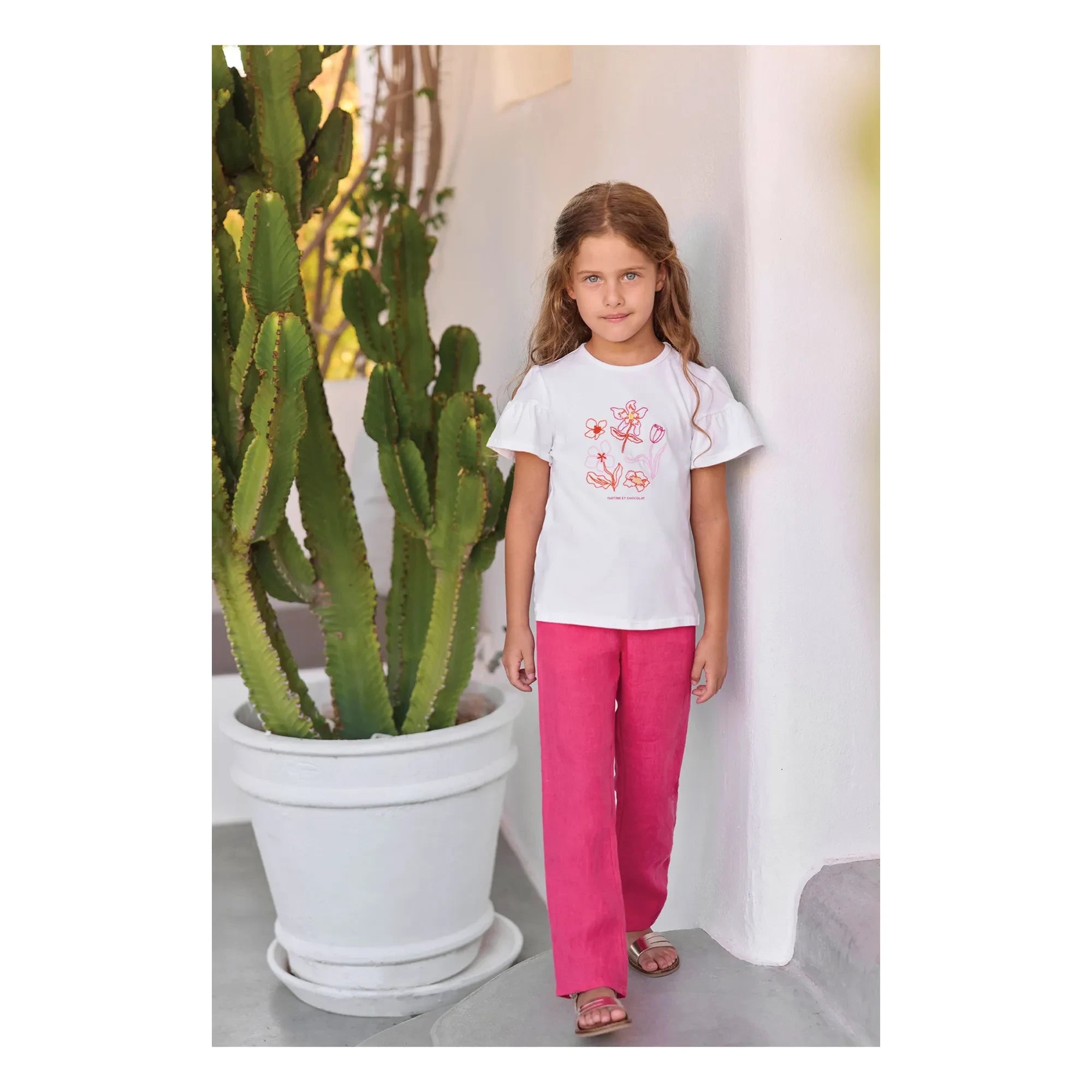 Tartine et Chocolat - Floral Embroidered Balloon Sleeve T-Shirt | White