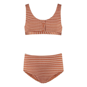 Beachlife - Recycled Fiber Striped Buttoned Swimsuit | Caramel