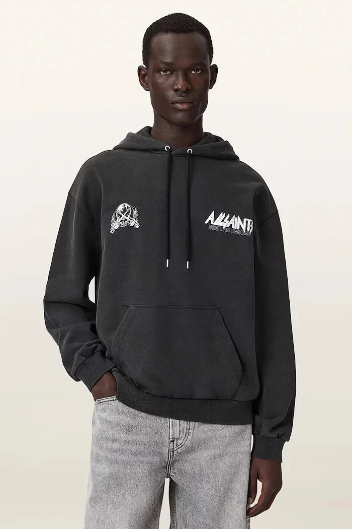 AllSaints pamuklu kapüşonlu erkek sweatshirt CHROMIUM