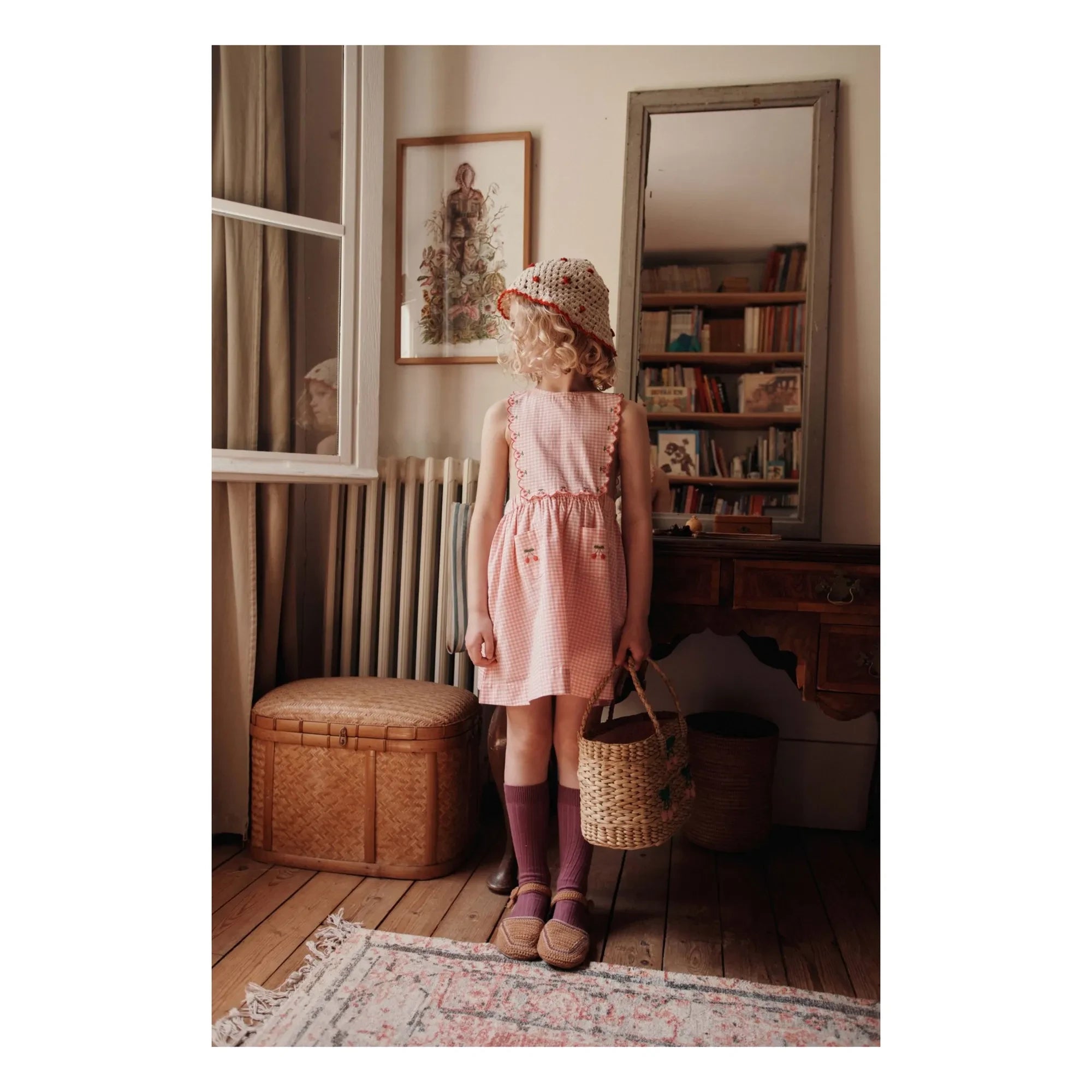 Emile et Ida - Organic Cotton Checkered Bib Dress | Pink
