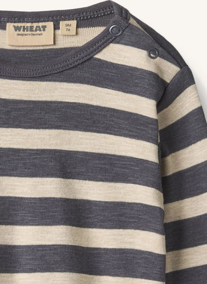 Wheat - Milo Striped Organic Cotton T-Shirt | Grey blue
