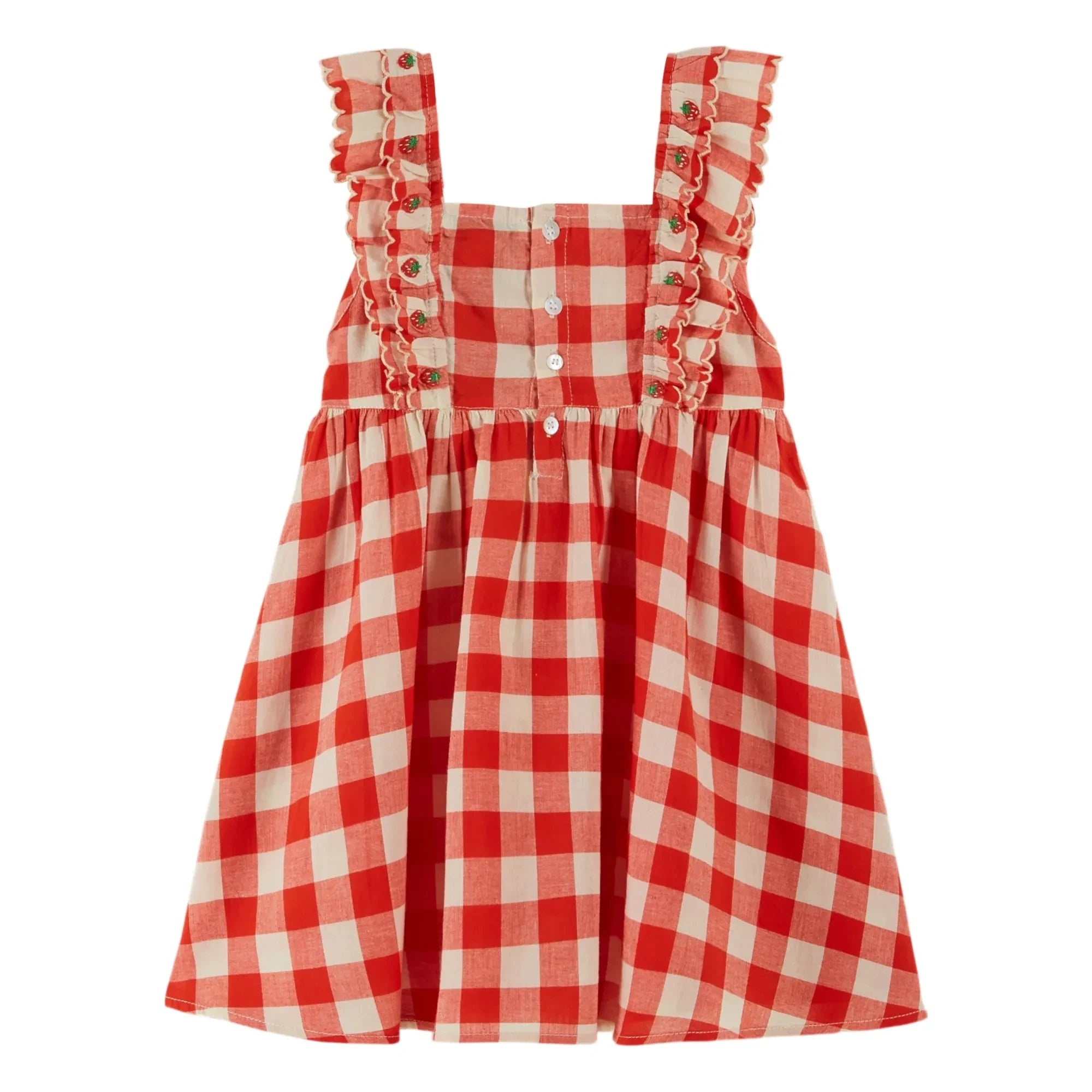 Emile et Ida - Organic Cotton Check Embroidered Dress | Red