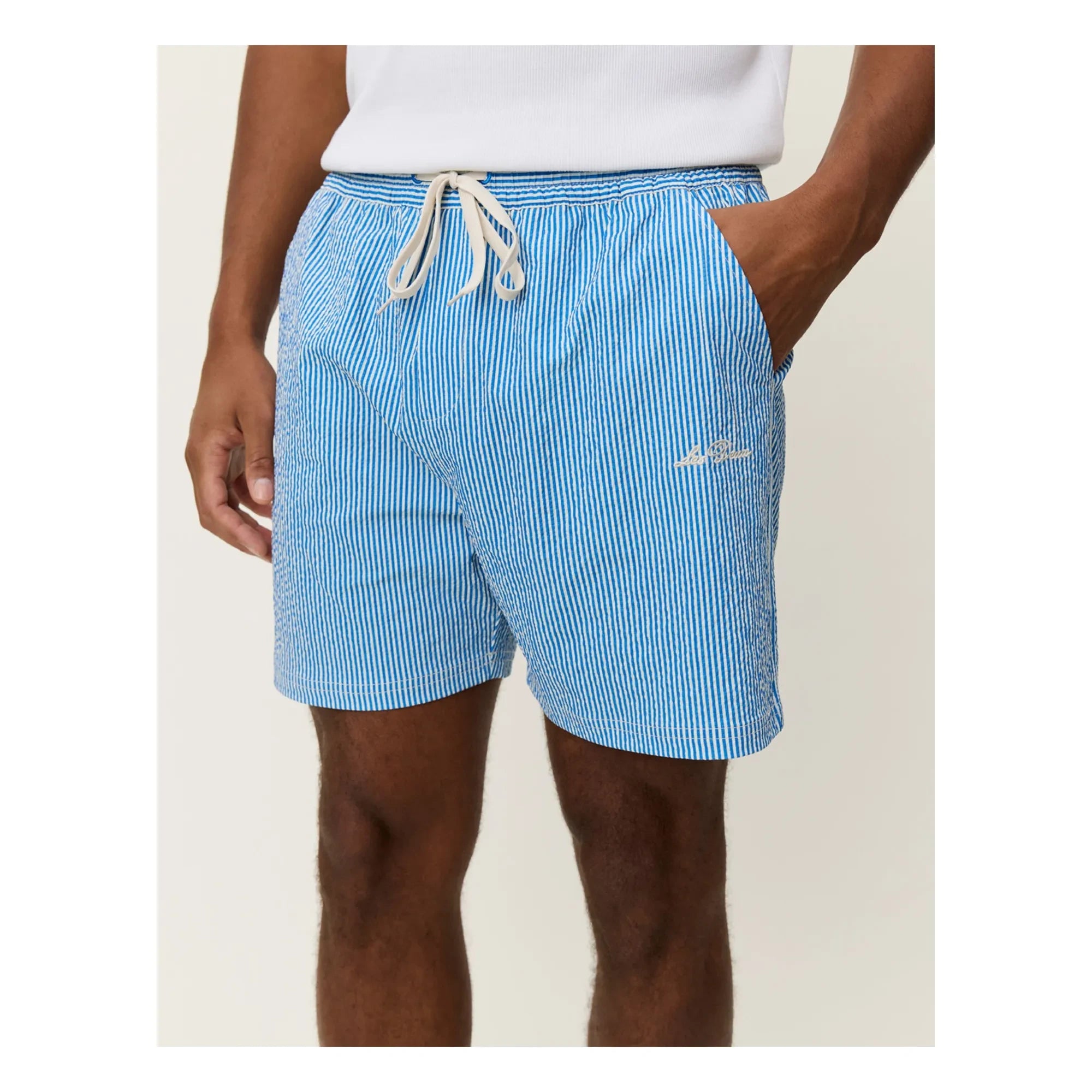 Les Deux - Stan Seersucker Striped Swim Shorts | Blue