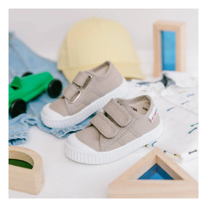 Victoria - Striped Canvas Velcro Sneakers | Beige