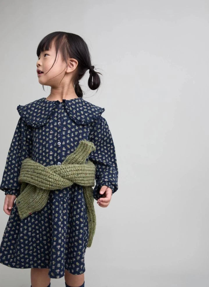 Búho - Organic Cotton Flower Cottage Claudine Neck Dress | Navy Blue