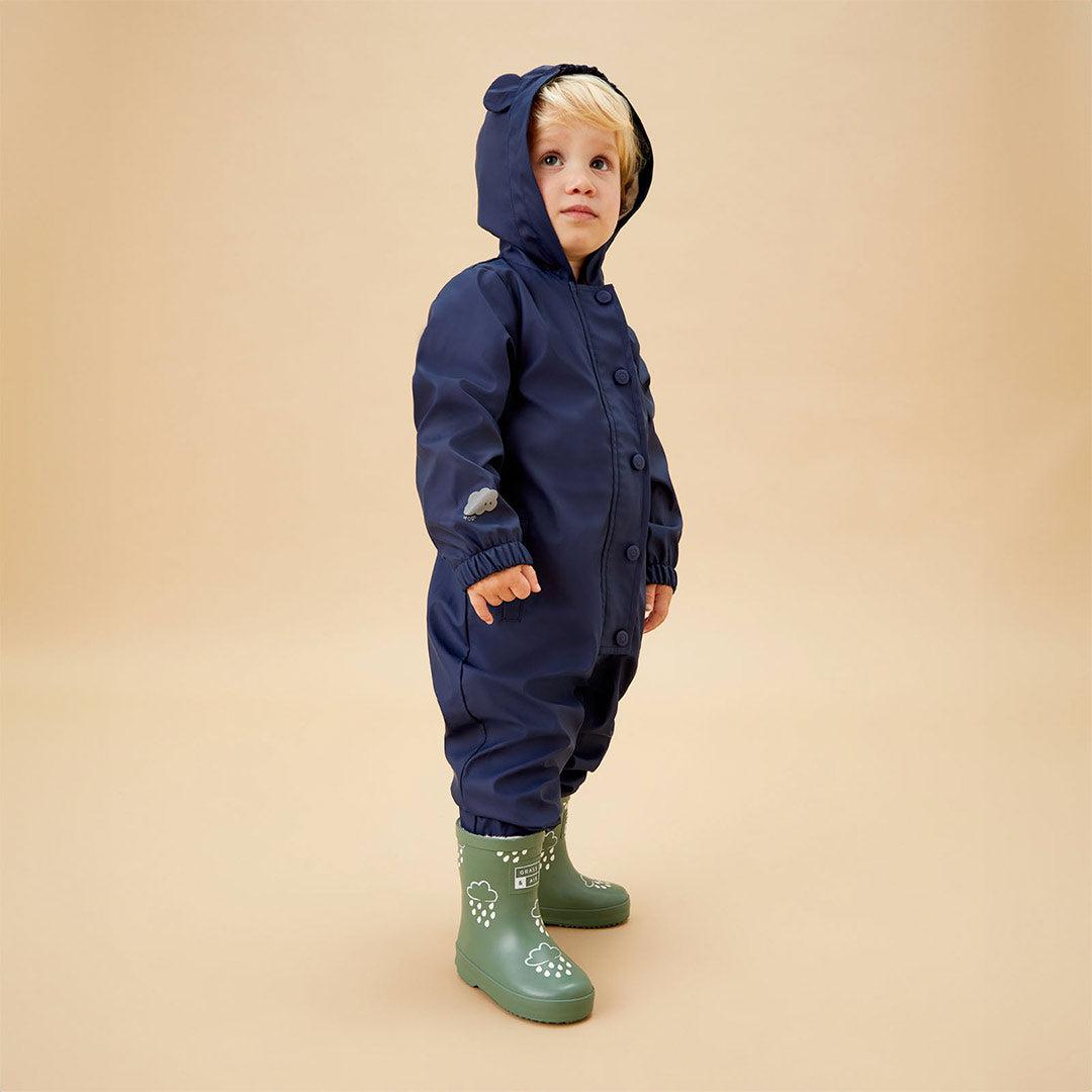 MORI Bear Recycled Waterproof Puddlesuit - Navy-Rainsuits + Sets- | Natural Baby Shower