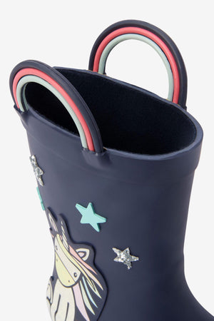 Next - Navy Blue Unicorn Girl Winter and Rain Boots - 28 