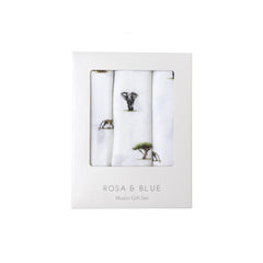 Rosa & Blue Muslin Squares - Safari - 3 Pack-Muslin Squares-Safari- | Natural Baby Shower