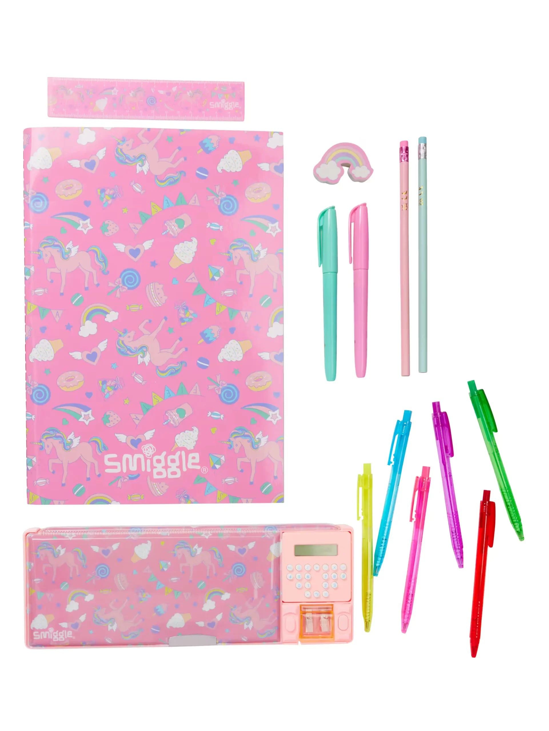 Smiggle - Pop Out Good Times Automatic Pencil Case with Calculator and Stationery Set